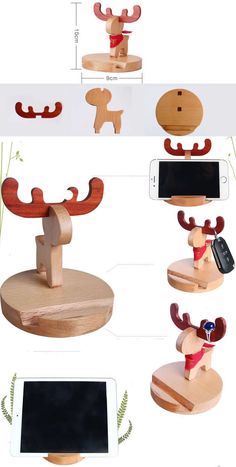 the wooden reindeer phone holder is made from wood and has four different angles to show it's features