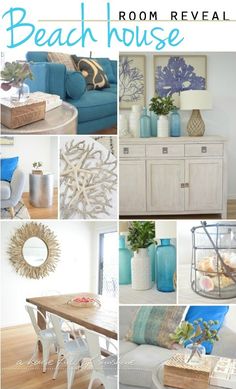 a collage of pictures with blue and white decor