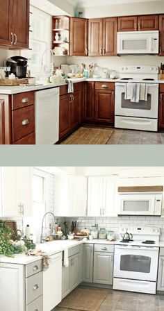 before and after pictures of a kitchen remodel with white appliances, wood cabinets, and tile flooring