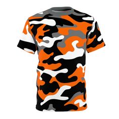 Orange & Black Cincinnati Football Fan Camo Camouflage Adult Men's Women's Unisex Short Sleeve T-Shirt Tee Top - 100% soft Polyester feels luxurious and drapes well  - Side seams help hold the garment's shape and give it structural support - Ribbed knit collar with seam  - Shoulder tape to stabilize the back of the garment and prevent stretching - Regular fit - Unisex sizing - Please see size chart in pictures before ordering - Runs big - Ladies please consider sizing down - All over print - Pro Orange Camo, 3d Shirt, Orange T Shirts, Black Camo, 3d T Shirts, Football Fans, Unisex Shorts, Knit Collar, Cincinnati