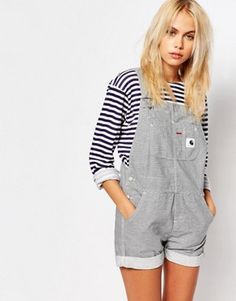 Carhartt Overall Romper In Hickory Stripe Overalls White, Overall Romper, Carhartt Overalls, Cotton Overalls, Leotard Tops, Short Overalls, Cotton Romper, Striped Rompers