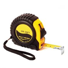 a yellow and black tape measure on a white background