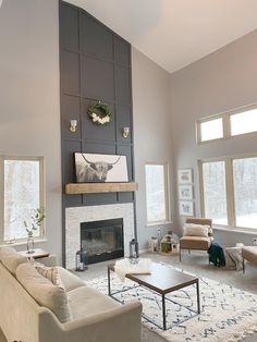 a living room filled with furniture and a fire place in the middle of a room