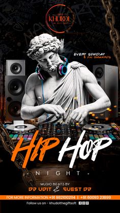 a flyer for a dj party with an image of a statue and headphones on it