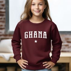 Show your love for Ghana with this design that features Ghana in a classic style.  GILDAN 18000B YOUTH CREWNECK SWEATSHIRT  * Super comfortable youth unisex sweatshirt for teens and kids * 50% cotton, 50% polyester  * Pre-shrunk  * Reduced lint buildup  * Loose fit  * Runs true to size      YOUTH HOODIE SIZING IN INCHES  XS = 16" Width x 20" Length x 23" Sleeve  S = 17" Width x 21" Length x 26" Sleeve  M = 18" Width x 22" Length x 28" Sleeve  L = 19" Width x 24" Length x 30" Sleeve  XL = 20" Wid Cotton Sweatshirt With Name Print For Streetwear, Casual Crew Neck Sweater With Name Print, Streetwear Cotton Sweatshirt With Name Print, College Crew Neck Sweatshirt With Name Print, Ghana Accra, Accra, Kids Sweatshirt, Gold Coast, Ghana