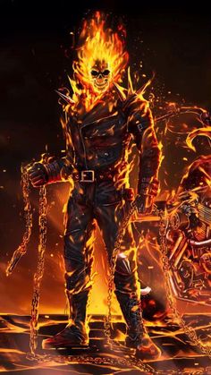 a man standing next to a motorcycle on a fire covered ground with flames in the background