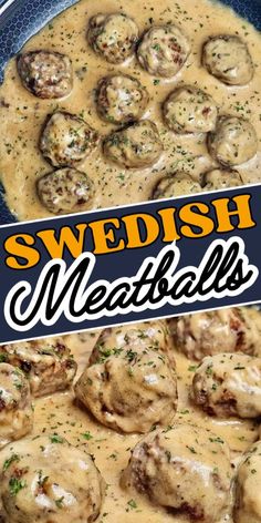 swedish meatballs with gravy in a skillet on a blue plate and the title overlay reads, swedish meatballs