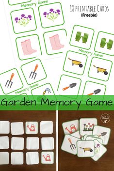 garden memory game for kids with pictures and words on the cards to help them learn how to