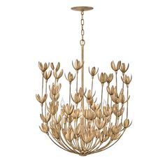 a gold chandelier with flowers hanging from it's center point, on a white background