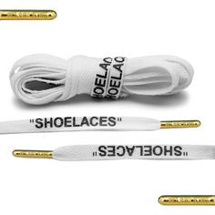 Loop King Laces - Our White Off-White Style "SHOELACES" come with embossed Gold Tips. All of our Luxury Shoe Laces are made from premium materials with the highest quality metal tips. Our Off-White Style Laces are made from 100% Cotton. See our full features below: - 6mm Width (Flat) - Premium Cotton - Off-White Style - Loop King Golden Aglet - Beautiful Loop King Packaging per Lace Shoelace Size Guide: 1-2 Eyelets (rows) = 24" / 60cm 2-3 Eyelets (rows) = 30" / 75cm 3-5 Eyelets (rows) = 36" / 90 Off White Shoes, Gold Tips, Shoe Insoles, Leather Work, Virgil Abloh, Neon Orange, Custom Shoes, White Shoes, Fashion Flats