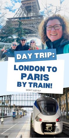 a woman holding a sign that says day trip london to paris by train