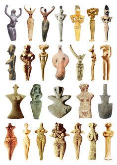 an assortment of ancient vases and statues