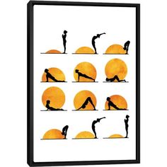 the silhouettes of people doing yoga poses in front of an orange sun with their hands together