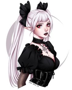 an anime character with long white hair and black clothes, wearing gothic garb while posing for the camera