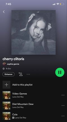 an iphone screen showing the music player's playlist for cherry clitts