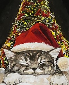 a painting of a cat wearing a santa hat sleeping in front of a christmas tree