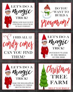 six elf christmas gift tags with the words let's do a magic trick