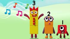 two cartoon characters standing next to each other with musical notes in the air behind them