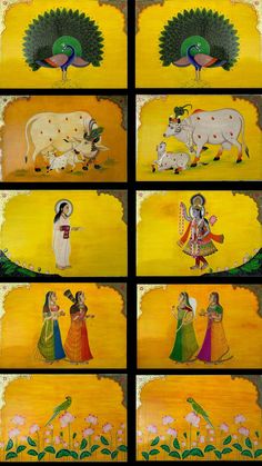 four paintings depicting women and animals in different stages of life, all painted on yellow paper