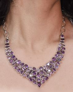 Add a Dash of Exotic! Bring out your Inner Goddess with our stunning Multi Gemstone Amethyst statement necklace handmade in fine sterling silver. Artistically hand-set oval, marquise and pear cut authentic Amethyst gemstones stack artistically in this one-of-a-kind necklace, shimmering all the way. This enchanting necklace will be your favorite addittion to the jewelry box for years to come. Authentic Sivalya Amethyst Hallmarked Metal: 925 Sterling Silver Adjustable Length: 18" - 21" Toggle Clas Cleaning Silver Jewelry, 108 Mala Beads, Fine Diamond Jewelry, Fine Silver Jewelry, Inner Goddess, Cool Gifts For Women, Necklace Handmade, Amethyst Gemstone, Pear Cut