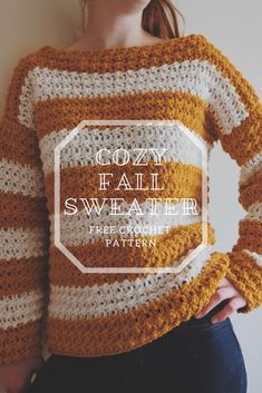 a woman wearing an orange and white crochet sweater with the words, goday fall sweater written across it