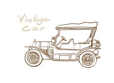 an old fashioned car with the words vintage car written in brown ink on a white background