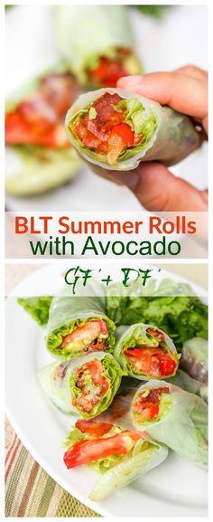 two pictures with different types of food on them and the words blt summer rolls with avocado