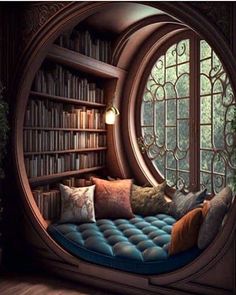 a room with bookshelves and a couch in front of a large round window