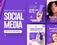 the social media ad for skin care products is displayed in purple and white colors, with an image of a woman's face