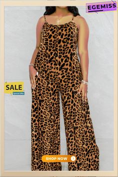 Khaki Sexy Print Leopard Patchwork Spaghetti Strap Plus Size Jumpsuits Chic Sleeveless Leopard Print Jumpsuit, Sleeveless Leopard Print Jumpsuit For Summer, Sleeveless Leopard Print Jumpsuits And Rompers For Summer, Casual Leopard Print Jumpsuits And Rompers For Party, Plus Size Jumpsuit, Women's Style, Plus Size Fashion, Spaghetti Strap, Spaghetti