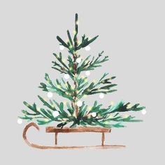 a watercolor painting of a christmas tree in a sled with lights on it