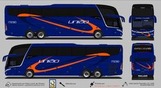 the front and back views of a blue bus with orange lines on it's side