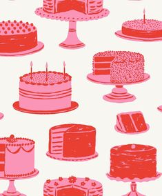 many different types of cakes on display in pink and red colors, with candles sticking out of them