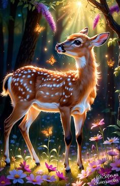 a deer standing in the middle of a forest surrounded by flowers and butterflies, with sunlight shining down on it's head