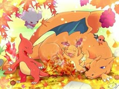 the pokemon family is playing with each other in the fall leaves, and they're all together