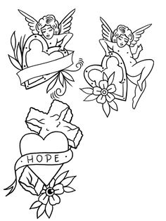 an image of tattoos with hearts and angel on them, including the word hope in black ink