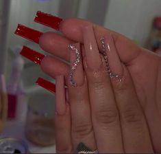 French Tip Nails Red Bottoms, Red Bottom Nails With Design, Red Bottom French Tip Acrylic Nails, Baddie Nails Acrylic Designs Red, Red Nail Ideas Coffin With Diamonds, Red Bottom Acrylic Nails Square, Long Acrylic Nails Red Bottoms, Black And Silver Red Bottom Nails, Red Nails Acrylic Coffin With Diamonds