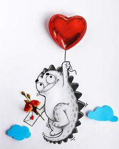 a drawing of a dinosaur holding a heart shaped balloon