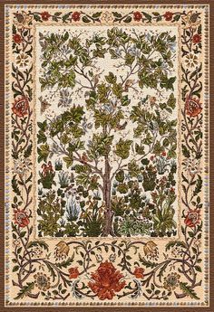 the tree of life is depicted in this hand - embroidered tapestry, which features leaves and flowers