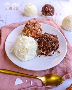 three desserts on a white plate next to a gold spoon and pink napkin with text overlay