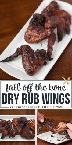 there is a plate with ribs on it and the words fall off the bone dry rub wings