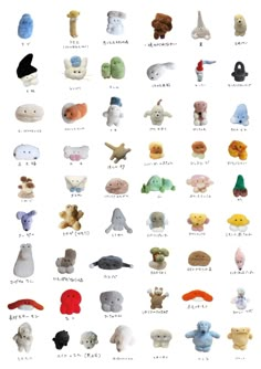 many different types of stuffed animals are shown in this image, with the words written below them