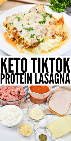 keto tiktok protein lasagna with cheese, meat and vegetables on the side