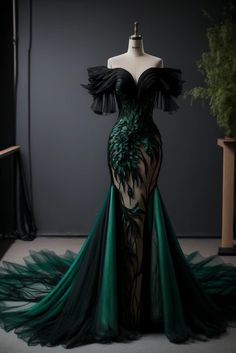 Green And Gold Formal Dress, Villian Dress Aesthetic, Black And Green Fantasy Dress, Dark Green And Black Dress, Black And Green Dress Gowns, Fantasy Villain Aesthetic Outfits, Black And Green Gown, Black And Green Wedding Dress, Green Fantasy Gown