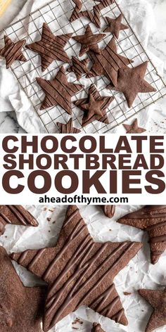 chocolate shortbread cookies on a cooling rack with the words, chocolate shortbread cookies