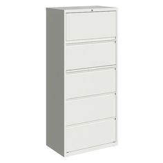 a white filing cabinet with three drawers on each side and one door open to reveal the bottom drawer