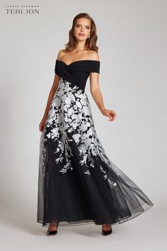 Jacquard One Shoulder Side Ruffle Gown | Teri Jon – Terijon.com Floral Embroidered Gown, Mother Of The Groom Gowns, Mother Of Bride Outfits, Ruffle Gown, Mob Dresses, Beige Dresses, Evening Formal, Black Gown, Off The Shoulder Dress