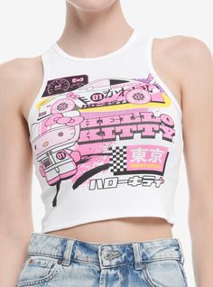 Head to pole position with the best Sanrio racer! This ribbed tank top is cropped and features artwork of Hello Kitty and her race car  getting ready to race to the finish line!58% cotton; 38% polyester; 4% spandexWash cold; dry lowCropped fitImportedListed in junior sizesModel is 5'10"Model wears size Small Tie Dye Girl, Clothing Finds, Ready To Race, Tall Hoodies, Strappy Tank Tops, Plus Size Swim, Latest Tops, Tanktop Girl, Cars Clothes