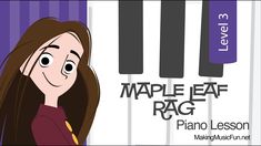 a girl with long brown hair standing in front of a piano keyboard and the words maple leaf rag