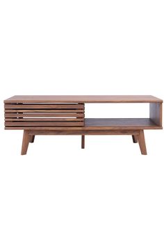 a wooden coffee table with two shelves on each side